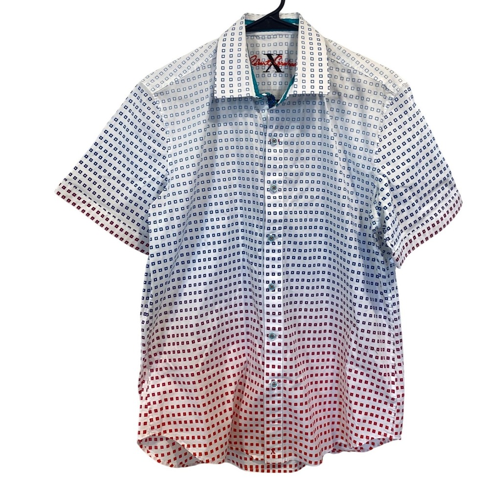 Robert Graham Mens Short Sleeve Button Down Shirt Blue Red Ombre Geometric M